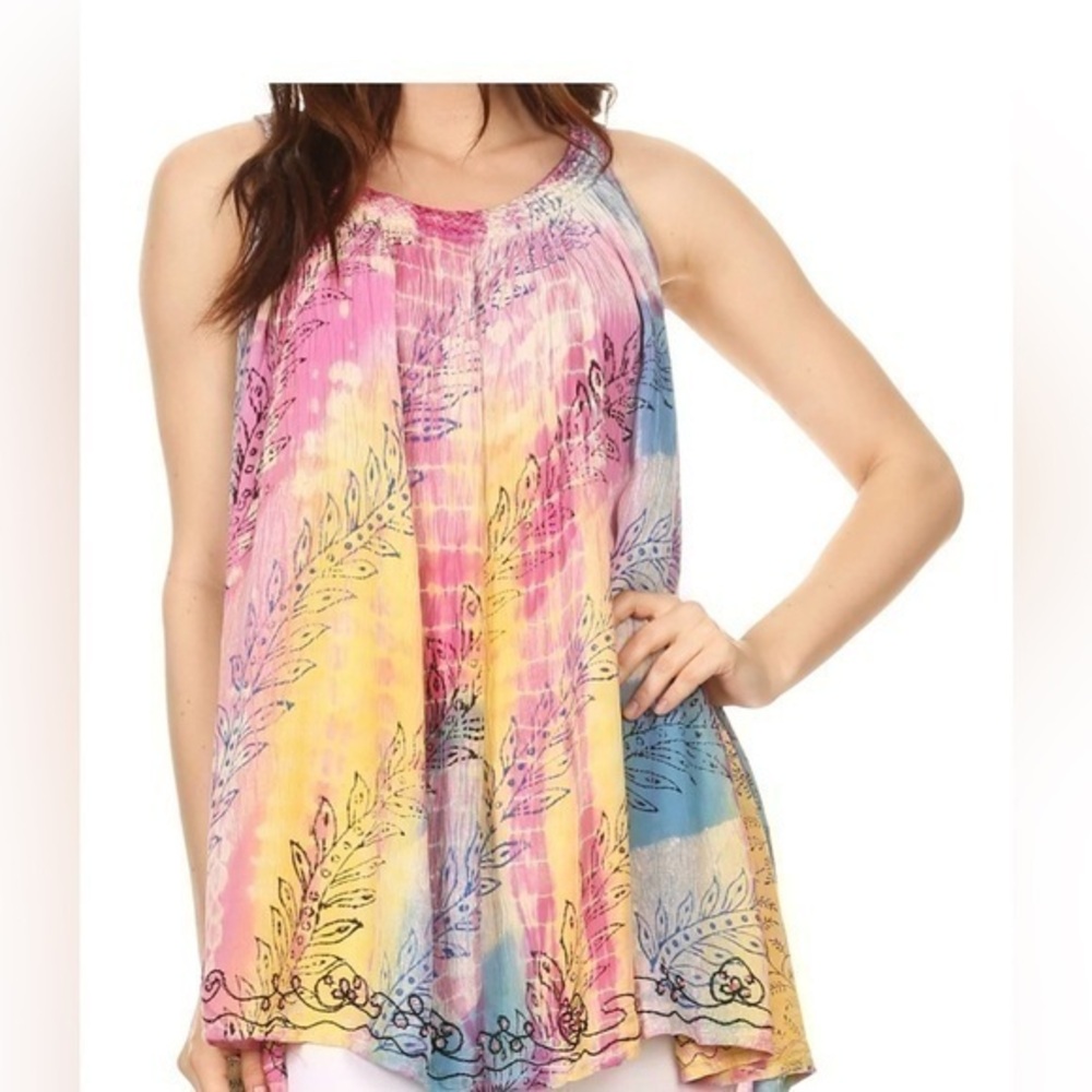 Sakkas Amalia Picot Trim Scoop Neck Tank with Sequins and Embroidery top